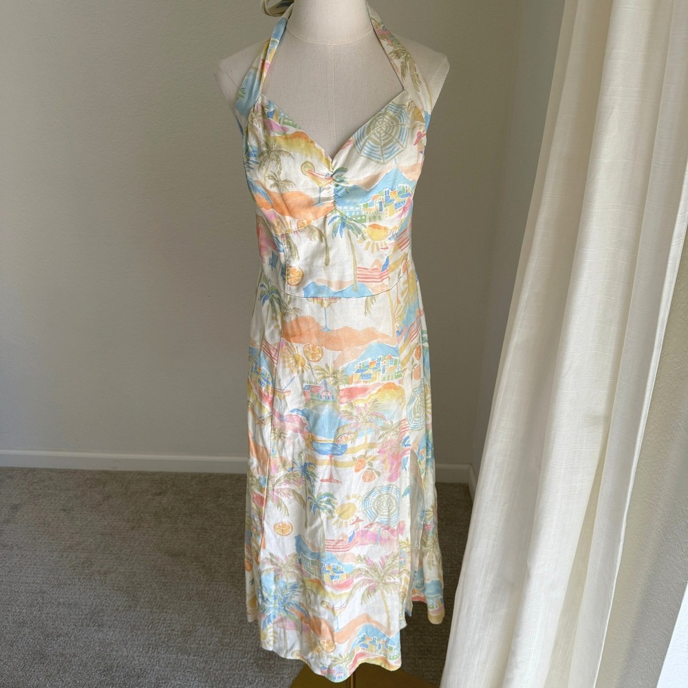 Dress Forum Tropical Beach Halter‎ Midi Dress Medium Retro Resort Beachy Coastal